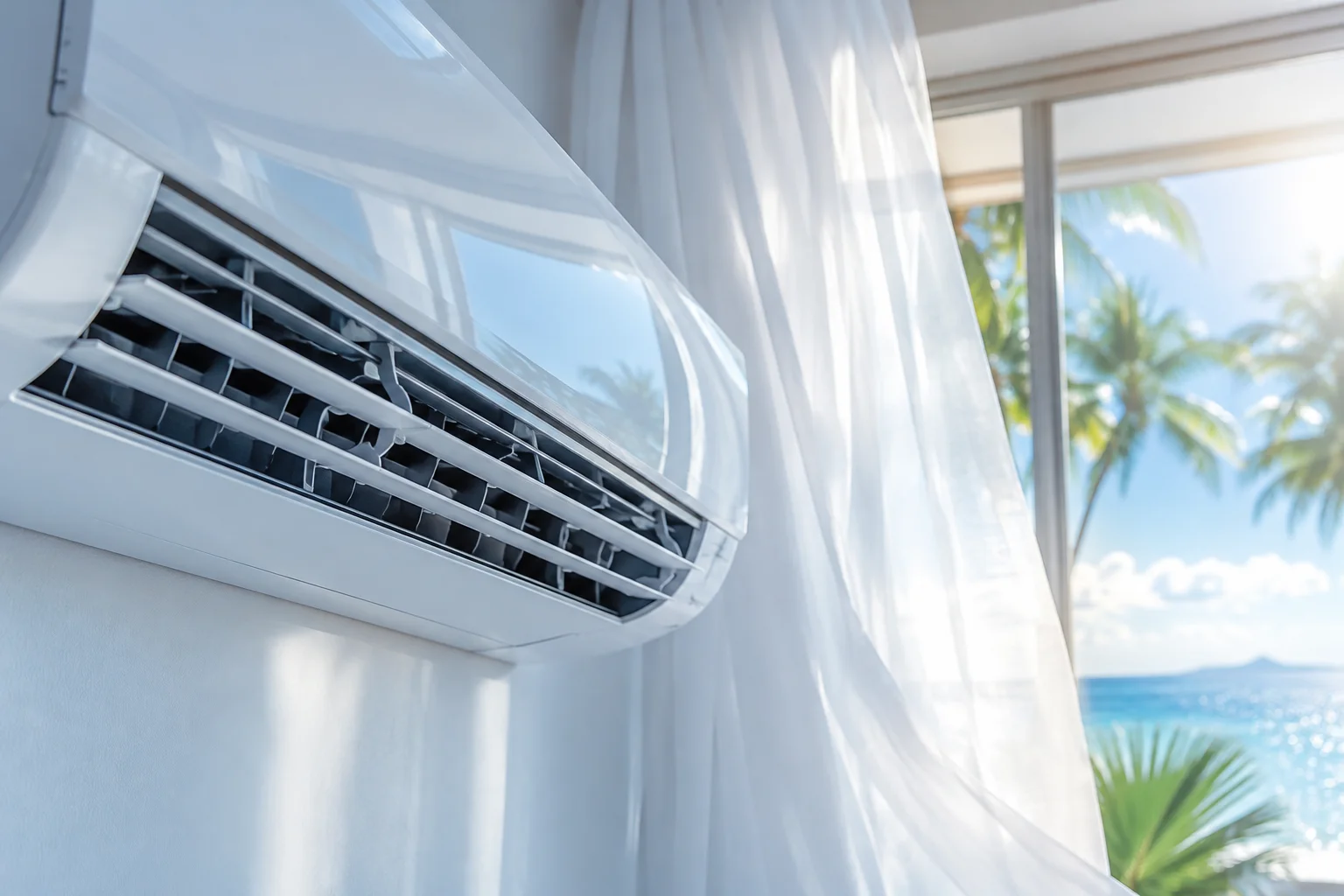 Calm living space with a discreet wall-mounted aircond Calm living space with a discreet wall-mounted aircond