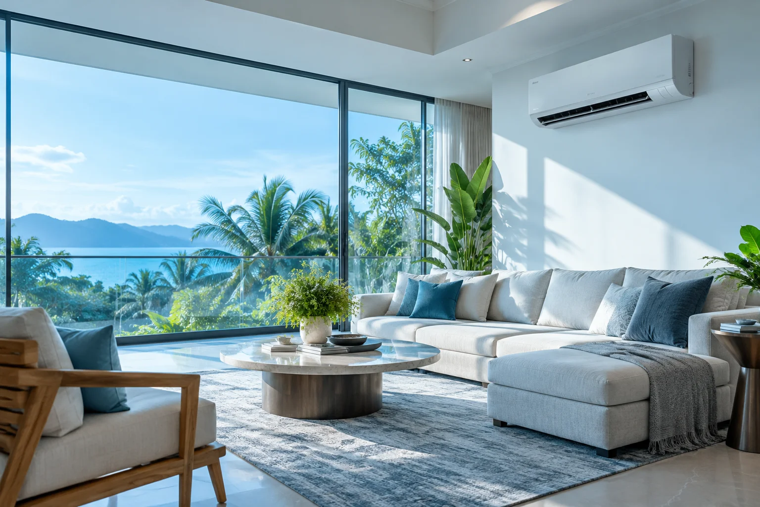 Air-conditioning unit in a bright architectural interior Air-conditioning unit in a bright architectural interior