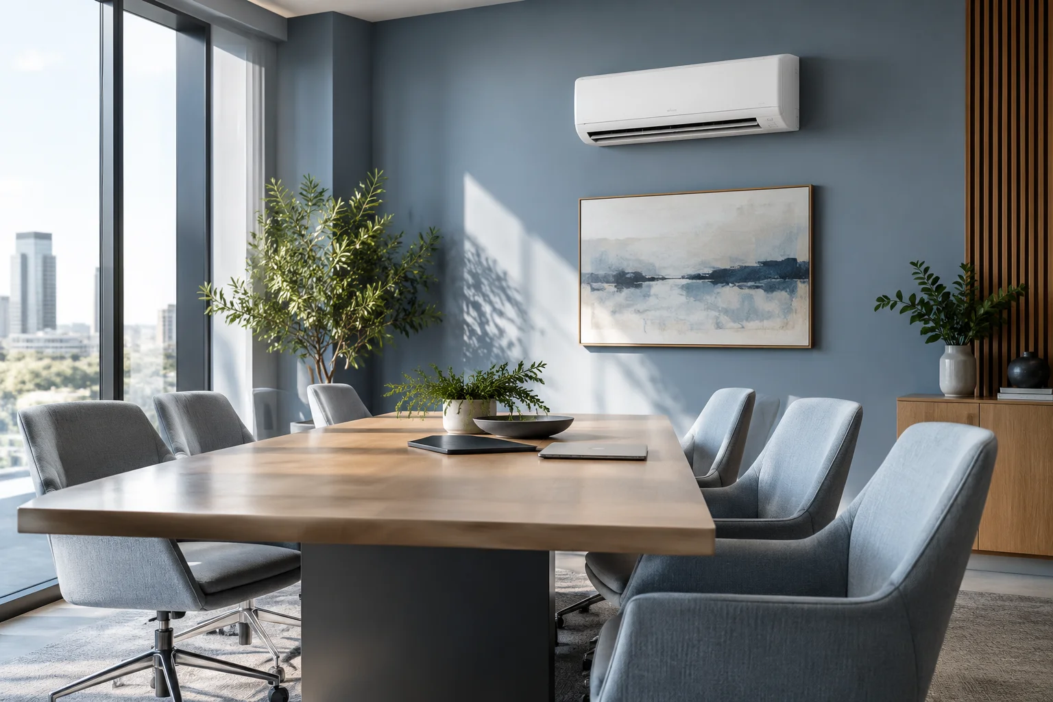 Meeting room with an air conditioning unit Meeting room with an air conditioning unit