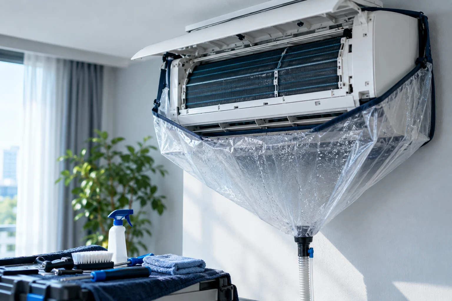Open air-conditioning unit prepared for a detailed service Open air-conditioning unit prepared for a detailed service